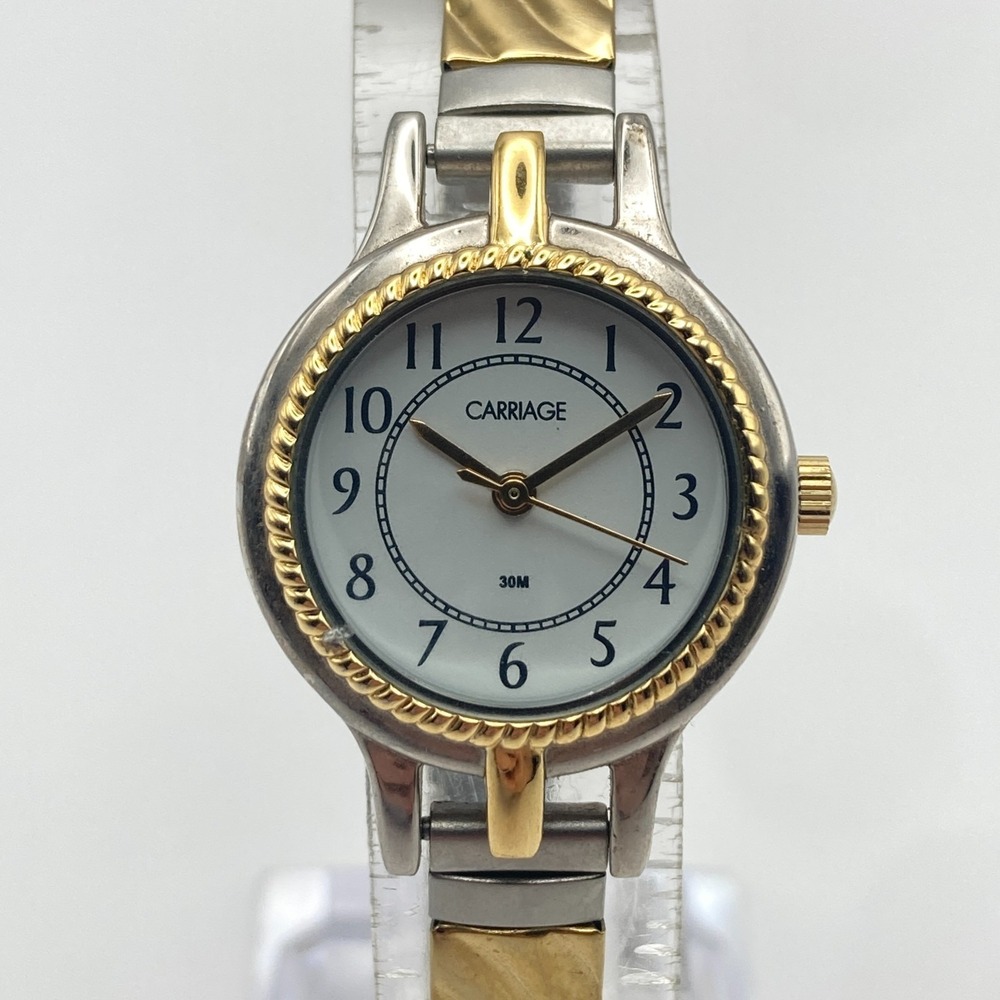 Timex Carriage Womens Watch 24mm Silver Gold Tone Stretch Matte New Battery 6.5"